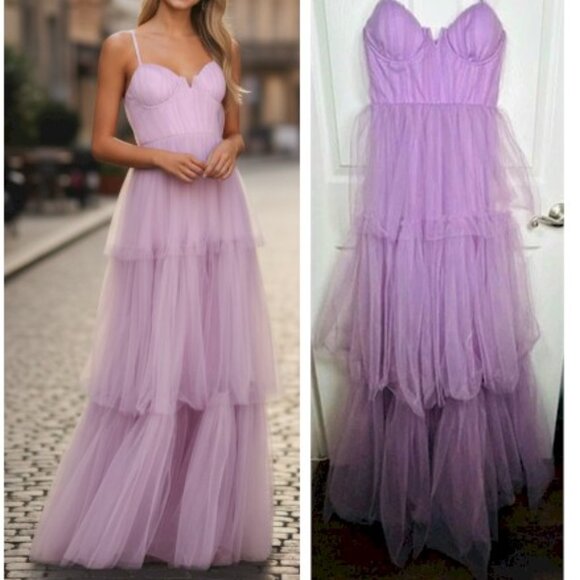 Lulus Unforgettable Poise Lilac Tulle Bustier Tiered Maxi Dress XS New NWT - Picture 10 of 11
